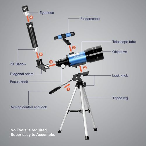  AOMEKIE Telescopes for Kids 2 Eyepieces 150X Telescopes for Astronomy Beginners Adults with Smartphone Adapter Moon Filter 3X Barlow 70mm Travel Telescope Astronomy Childrens Day G