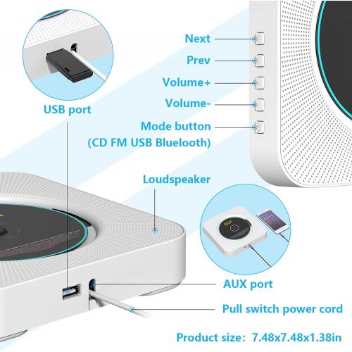  [아마존베스트]AONCO Portable CD Player, Bluetooth Wall Mountable CD Music Player Home Audio Boombox with Remote Control FM Radio Built-in HiFi Speakers, MP3 Headphone Jack AUX Input Output, Whit