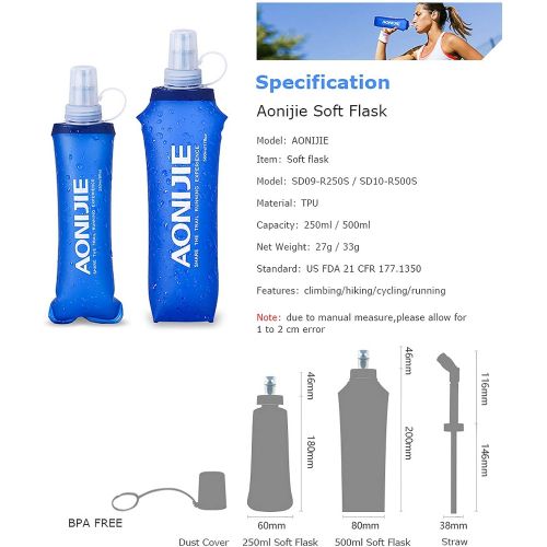  AONIJIE TPU Soft Folding Water Bottles BPA Free Collapsible Flask for Hydration Pack for Running Hiking Cycling Climbing Pack of 2