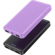 [2 Pack] Portable Charger Power Bank 10000mAh,Ultra Slim Compact External Battery Pack with USB C Input & Dual USB Outputs Backup Charger Compatible with iPhone 14,13, Samsung S20,Tablet-Black+Purple