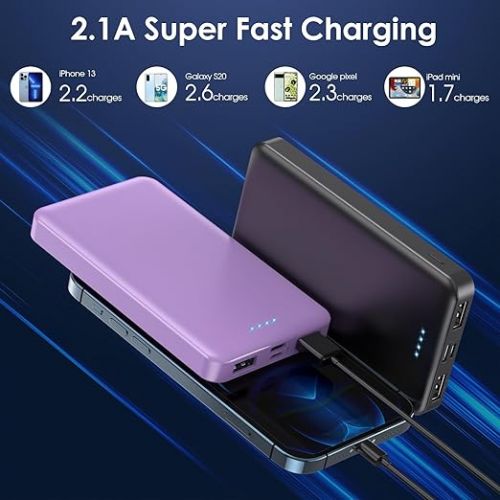  [2 Pack] Portable Charger Power Bank 10000mAh,Ultra Slim Compact External Battery Pack with USB C Input & Dual USB Outputs Backup Charger Compatible with iPhone 14,13, Samsung S20,Tablet-Black+Purple