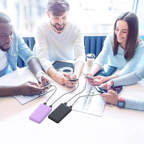  [2 Pack] Portable Charger Power Bank 10000mAh,Ultra Slim Compact External Battery Pack with USB C Input & Dual USB Outputs Backup Charger Compatible with iPhone 14,13, Samsung S20,Tablet-Black+Purple