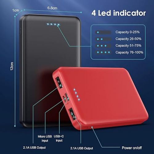  [2 Pack] Portable Charger Power Bank 10000mAh,Ultra Slim Compact External Battery Pack with USB C Input & Dual USB Outputs Backup Charger Compatible with iPhone 13,12, Samsung S20,Tablet-Black+Red