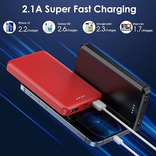  [2 Pack] Portable Charger Power Bank 10000mAh,Ultra Slim Compact External Battery Pack with USB C Input & Dual USB Outputs Backup Charger Compatible with iPhone 13,12, Samsung S20,Tablet-Black+Red