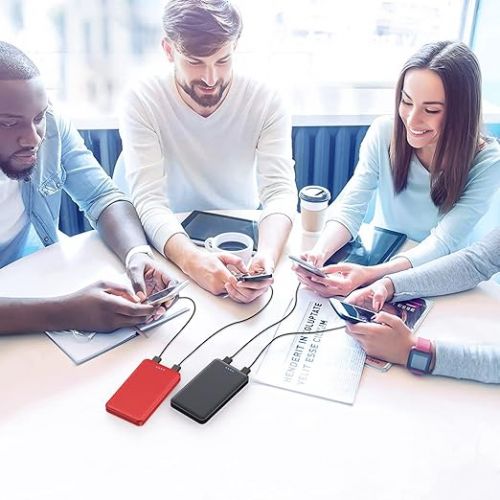  [2 Pack] Portable Charger Power Bank 10000mAh,Ultra Slim Compact External Battery Pack with USB C Input & Dual USB Outputs Backup Charger Compatible with iPhone 13,12, Samsung S20,Tablet-Black+Red