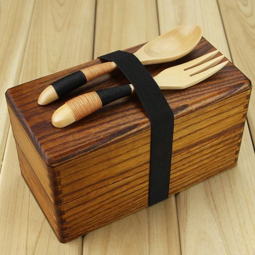  Lunch Boxes, Lunch Box for Adult, AOOSY Japanese Vintage Traditional Natural Square Wooden Lunch Containers Womens Mens Kids Boys Girls Wood Bento Boxes with Spoon Fork kit