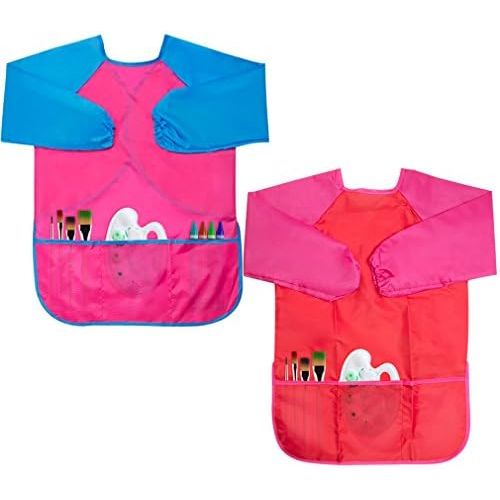  [아마존베스트]AOPRIE 2 Pcs Kids Smock Waterproof Art Apron, Art Smock for Kids Children Boy Kids Aprons for Girls Toddler Art Supplies Long Sleeve Toddler Apron with 3 Pockets for Age 2-6 Years