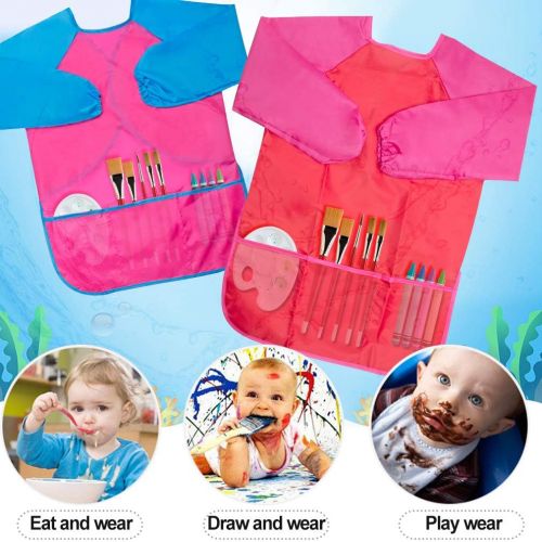  [아마존베스트]AOPRIE 2 Pcs Kids Smock Waterproof Art Apron, Art Smock for Kids Children Boy Kids Aprons for Girls Toddler Art Supplies Long Sleeve Toddler Apron with 3 Pockets for Age 2-6 Years