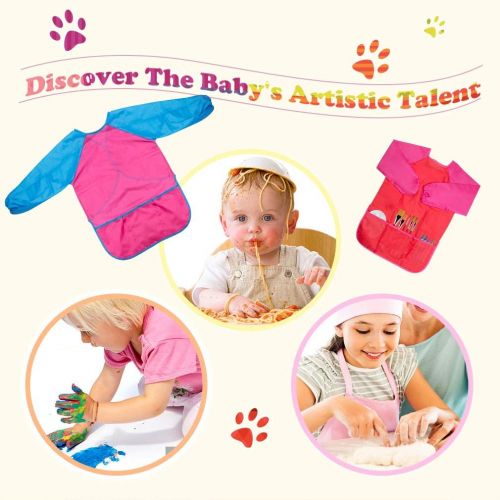  [아마존베스트]AOPRIE 2 Pcs Kids Smock Waterproof Art Apron, Art Smock for Kids Children Boy Kids Aprons for Girls Toddler Art Supplies Long Sleeve Toddler Apron with 3 Pockets for Age 2-6 Years