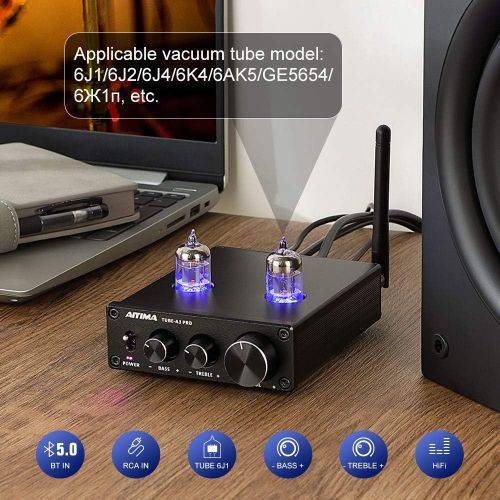  AOSHIKE [New Upgraded] AIYIMA A3 PRO GE5654 Tube Preamplifier Bluetooth 5.0 with Treble & Bass Adjustment DC12V HiFi Audio Preamp for Home Audio Amplifier System(Black+BT 5.0)
