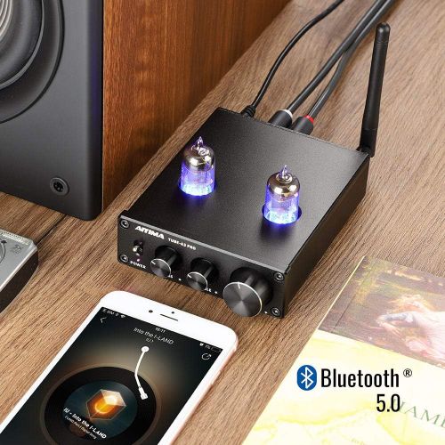  AOSHIKE [New Upgraded] AIYIMA A3 PRO GE5654 Tube Preamplifier Bluetooth 5.0 with Treble & Bass Adjustment DC12V HiFi Audio Preamp for Home Audio Amplifier System(Black+BT 5.0)