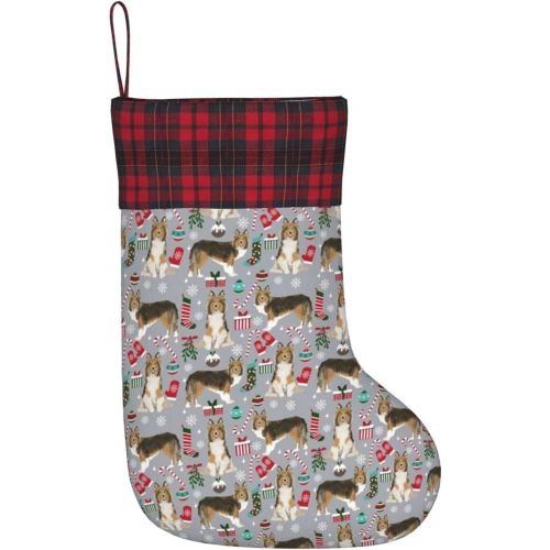  AOTOSE Sheltie Christmas Xmas Holiday Shetland Sheepdog Design Grey Christmas Stockings- 15.7 Inch Christmas Stockings Fireplace Hanging Stockings For Family Christmas Decoration Holiday