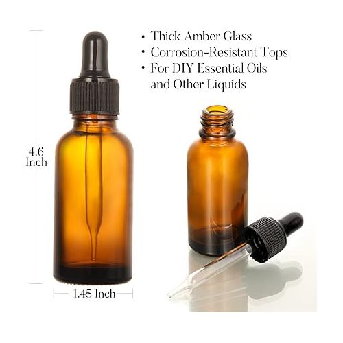  AOZITA 4 Pack, 2 oz Dropper Bottles with 1 Funnel & 4 Labels - 60ml Thick Dark Amber Glass Tincture Bottles with Eye Droppers - Leakproof Essential Oils Bottles