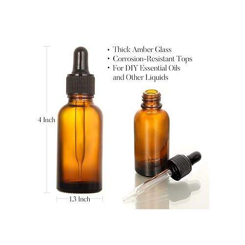  AOZITA Set of 4, 1 oz Eye Dropper Bottles with 1 Stainless Steel Funnels & 4 Labels - 30ml Thick Dark Amber Glass Tincture Bottles - Leakproof Essential Oils Bottle for Storage and Travel