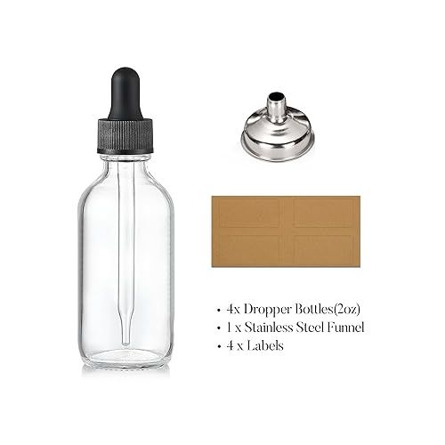  AOZITA 4 Pcs, 2 oz Clear Eye Dropper Bottles with 1 Stainless Steel Funnels & 4 Labels - Black Caps 60ml Thick Glass Tincture Bottles - Leakproof Essential Oils Bottle for Storage and Travel