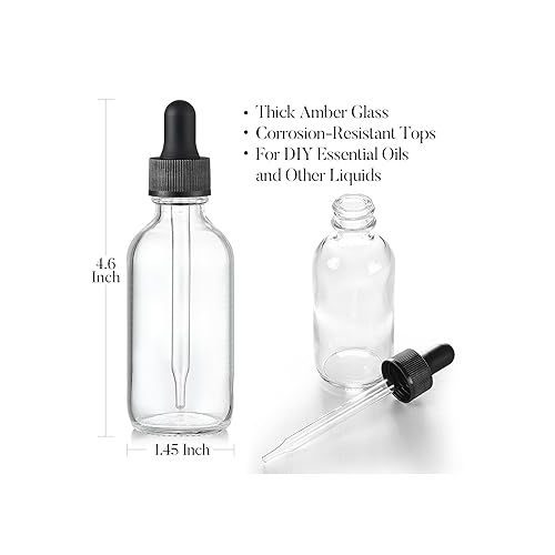  AOZITA 4 Pcs, 2 oz Clear Eye Dropper Bottles with 1 Stainless Steel Funnels & 4 Labels - Black Caps 60ml Thick Glass Tincture Bottles - Leakproof Essential Oils Bottle for Storage and Travel