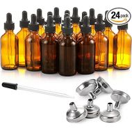 24 Pcs, 2 oz Dark Amber Dropper Bottles with 6 Small Funnels & 1 Long Glass Labels - 60ml Tincture Bottles w/ Eye Dropper for Essential Oils, Perfume, Hair Oil, Liquids - Leak Proof Travel Bottles