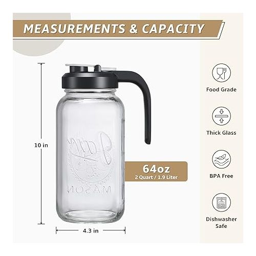  AOZITA Glass Pitcher with Lid - 2 Quart Mason Jar Pitcher with Filter Lid, Wide Mouth Jar Leak-proof Water Jug, Heavy Duty Container for Water, Juice, Milk, Tea, Iced Coffee, and Drinks