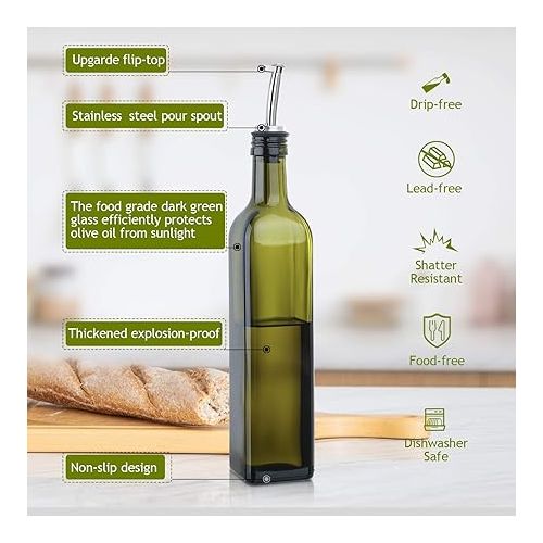  AOZITA 17oz Glass Olive Oil Bottle Dispenser - 500ml Green Oil and Vinegar Cruet with Pourers and Funnel - Olive Oil Carafe Decanter for Kitchen