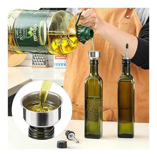  AOZITA 17oz Glass Olive Oil Bottle Dispenser - 500ml Green Oil and Vinegar Cruet with Pourers and Funnel - Olive Oil Carafe Decanter for Kitchen
