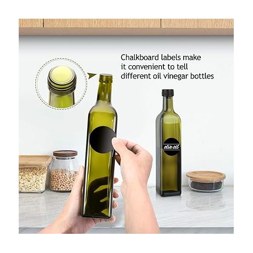  AOZITA [2 PACK] 17 oz Glass Olive Oil Dispenser Bottle Set - 500ml Dark Green Oil & Vinegar Cruet Bottle with Pourers, Funnel and Labels - Olive Oil Carafe Decanter for Kitchen