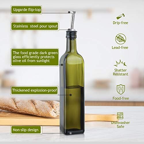  [2 PACK]Aozita 17 oz Glass Olive Oil Dispenser Bottle Set - 500ml Dark Green Oil & Vinegar Cruet Bottle with Pourers, Funnel and Labels - Olive Oil Carafe Decanter for Kitchen