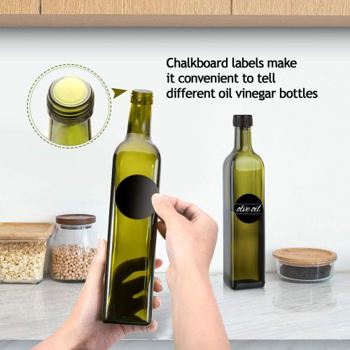  [2 PACK]Aozita 17 oz Glass Olive Oil Dispenser Bottle Set - 500ml Dark Green Oil & Vinegar Cruet Bottle with Pourers, Funnel and Labels - Olive Oil Carafe Decanter for Kitchen