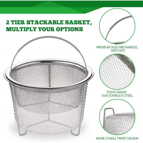  Aozita Steamer Basket for Instant Pot Accessories 6 qt or 8 quart - 2 Tier Stackable 18/8 Stainless Steel Mesh Strainer Basket - Silicone Handle - Vegetable Steamer Insert, Egg Bas