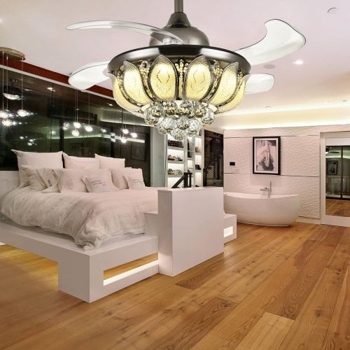  APBEAM 36 Inch LED Dimmable Ceiling Fan 4 Retractable Blades Lotus Flower Shape Crystal Lampshade Invisible Fan Round Shape Black Fandelier Dimmable Chandelier Remote Control Fan Light