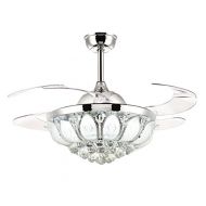 APBEAM 42 Inch LED Dimmable Ceiling Fan 4 Retractable Blades Lotus Flower ShapCrystal Lampshade Invisible Fan Round Shape Chrome Fandelier Dimmable Chandelier Remote Control Fan Light for