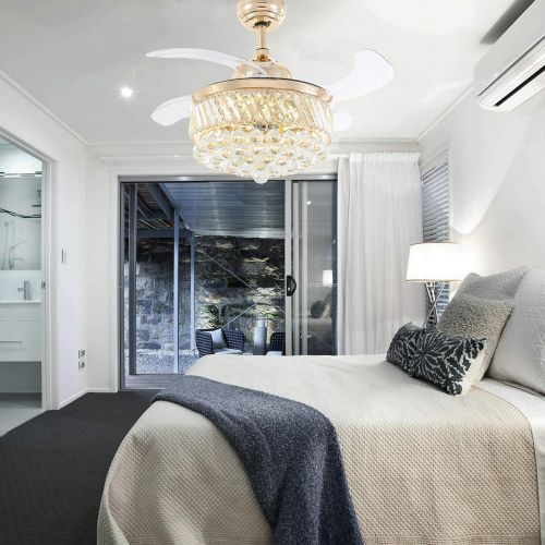  APBEAM 36 Inch LED Dimmable Invisible Ceiling Fan Gold Color Body Clear Retractable Blades Crystal Invisible Fan Chrome Fandelier Dimmable Chandelier Remote Control Fan Light for Bedroom
