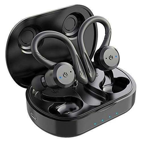  [아마존베스트]Sport Ergonomic Design Headphones APEKX True Wireless Bluetooth 5.0 Sports Earphones IPX7 Waterproof Stereo Sound Built-in Microphone Headphones Support Wireless Charging (Black)