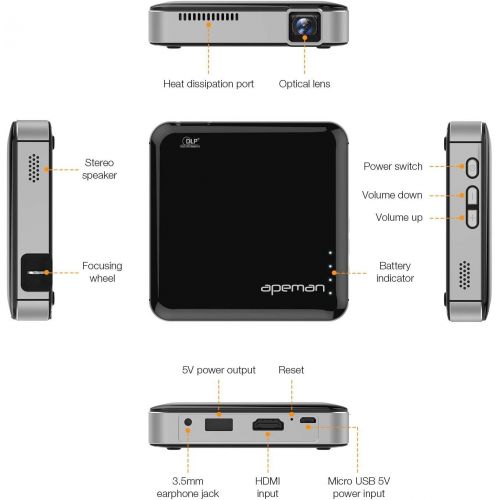  [아마존베스트]APEMAN Projector Mini Portable Video DLP Pocket Projector for Home and Outdoors Entertainment, Support 1080p HDMI Input Built-in Rechargeable Battery Stereo Speakers with Upgraded