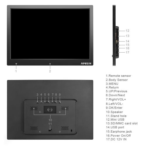  Digital Picture Frame, APESIN 14.1 Inch HD Screen with Motion Sensor(Black)