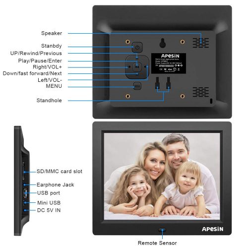  Digital Picture Frame, APESIN 8 Inch 1024x768 Pixels HD Screen(Black)