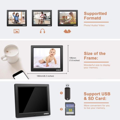  Digital Picture Frame, APESIN 8 Inch 1024x768 Pixels HD Screen(Black)