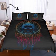 APJJQ Feather Native American Dreamcatcher 3 Piece Duvet Cover Set King(1 Duvet Cover 2 Pillow Shams) 3D Blue Buddha in Center Boho Black Bedding Set for Teens Girls and Boys Adult