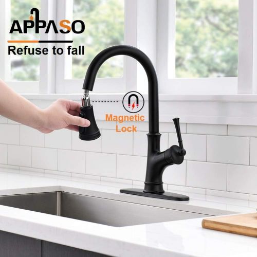  [아마존 핫딜] APPASO Matte Black Pull Down Kitchen Faucet with Magnetic Docking Sprayer and Soap Dispenser - Single Handle High Arc Single Hole Pull Out Kitchen Sink Faucets with Deck Plate