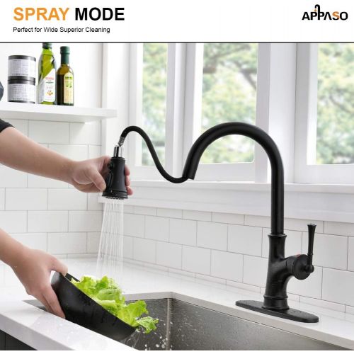  [아마존 핫딜] APPASO Matte Black Pull Down Kitchen Faucet with Magnetic Docking Sprayer and Soap Dispenser - Single Handle High Arc Single Hole Pull Out Kitchen Sink Faucets with Deck Plate