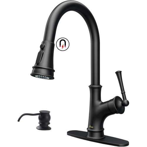  [아마존 핫딜] APPASO Matte Black Pull Down Kitchen Faucet with Magnetic Docking Sprayer and Soap Dispenser - Single Handle High Arc Single Hole Pull Out Kitchen Sink Faucets with Deck Plate