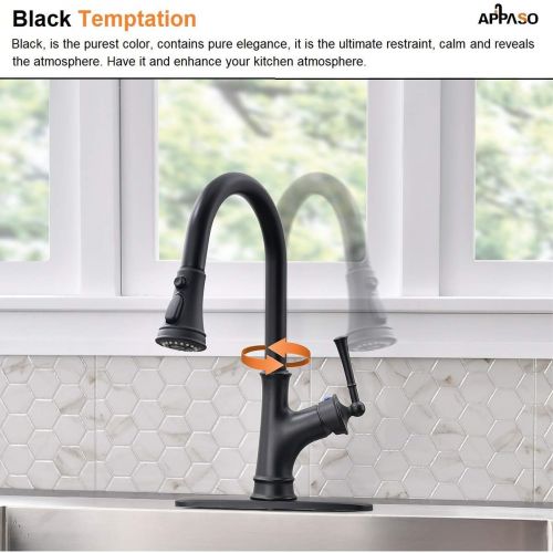  [아마존 핫딜] APPASO Matte Black Pull Down Kitchen Faucet with Magnetic Docking Sprayer and Soap Dispenser - Single Handle High Arc Single Hole Pull Out Kitchen Sink Faucets with Deck Plate