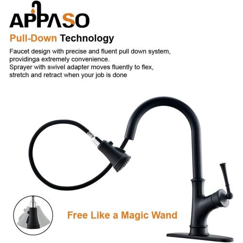  [아마존 핫딜] APPASO Matte Black Pull Down Kitchen Faucet with Magnetic Docking Sprayer and Soap Dispenser - Single Handle High Arc Single Hole Pull Out Kitchen Sink Faucets with Deck Plate