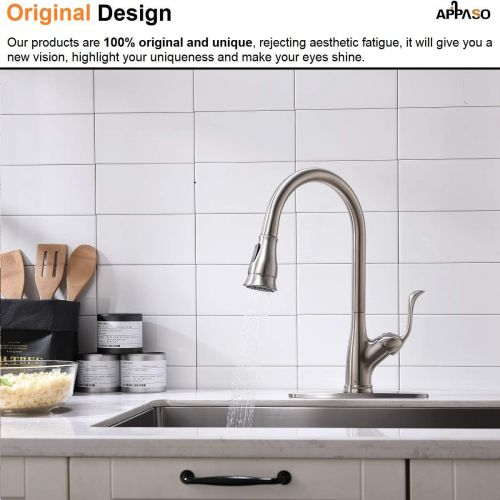  [아마존 핫딜] APPASO Kitchen Faucet with Pull Down Sprayer Brushed Nickel Stainless Steel - Single Handle High Arc Pull Out Spray Head Single Hole Kitchen Sink Faucets with Deck Plate