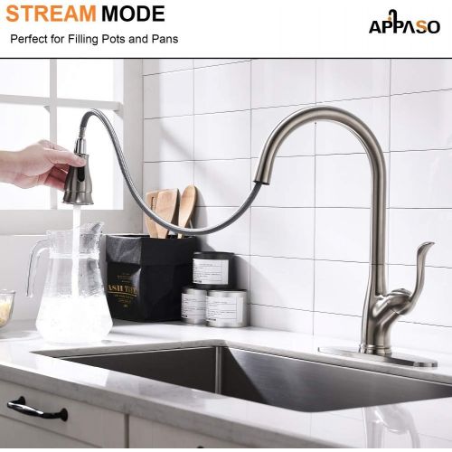  [아마존 핫딜] APPASO Kitchen Faucet with Pull Down Sprayer Brushed Nickel Stainless Steel - Single Handle High Arc Pull Out Spray Head Single Hole Kitchen Sink Faucets with Deck Plate