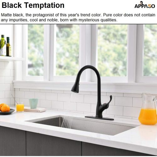  [아마존 핫딜] APPASO Matte Black Kitchen Faucet with Pull Down Sprayer - Single Handle Commercial High Arc One Hole Pull Out Spray Head Kitchen Sink Faucets with Deck Plate