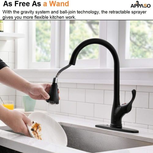  [아마존 핫딜] APPASO Matte Black Kitchen Faucet with Pull Down Sprayer - Single Handle Commercial High Arc One Hole Pull Out Spray Head Kitchen Sink Faucets with Deck Plate