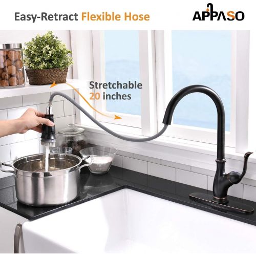  [아마존 핫딜] APPASO Pull Down Kitchen Faucet with Magnetic Docking Sprayer Oil Rubbed Bronze - Single Handle High Arc One Hole Pull Out Kitchen Sink Faucet with Soap Dispenser, 170ORB