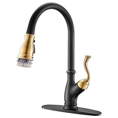  APPASO Pull Down Kitchen Faucet with Magnetic Docking Sprayer - Single Handle High Arc One Hole Pull Out Kitchen Sink Faucets, Black and Gold