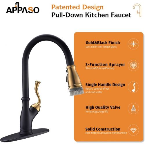  APPASO Pull Down Kitchen Faucet with Magnetic Docking Sprayer - Single Handle High Arc One Hole Pull Out Kitchen Sink Faucets, Black and Gold