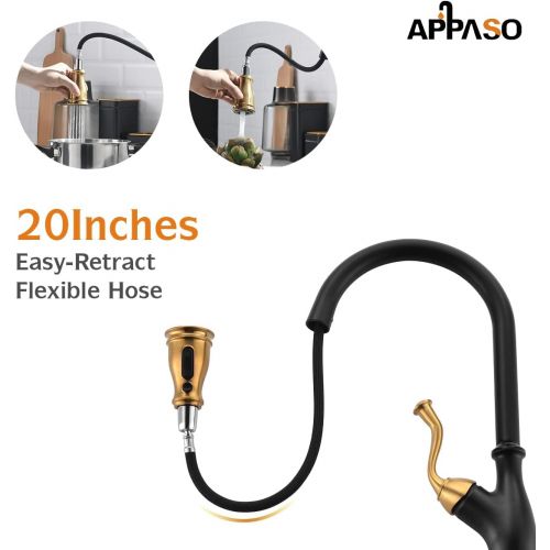  APPASO Pull Down Kitchen Faucet with Magnetic Docking Sprayer - Single Handle High Arc One Hole Pull Out Kitchen Sink Faucets, Black and Gold